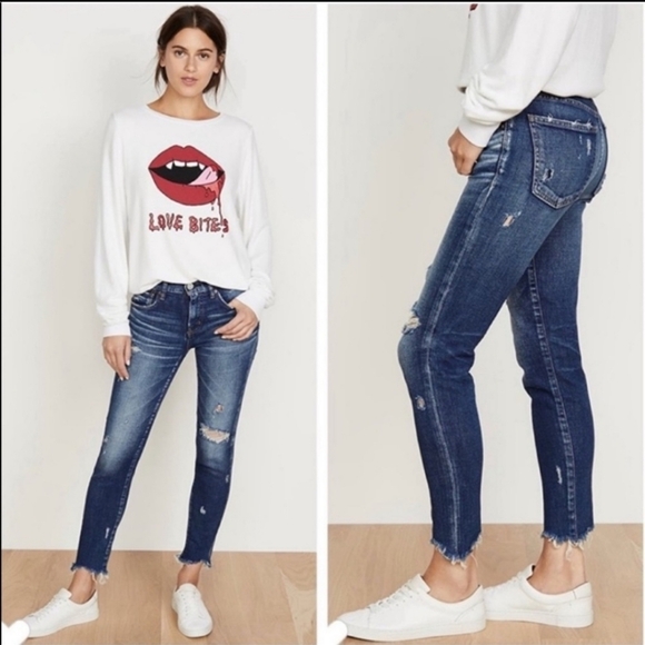 Moussy Vintage Glendele Distressed Tapered Raw Hem Ankle Skinny Denim Jeans 25 - Picture 2 of 15